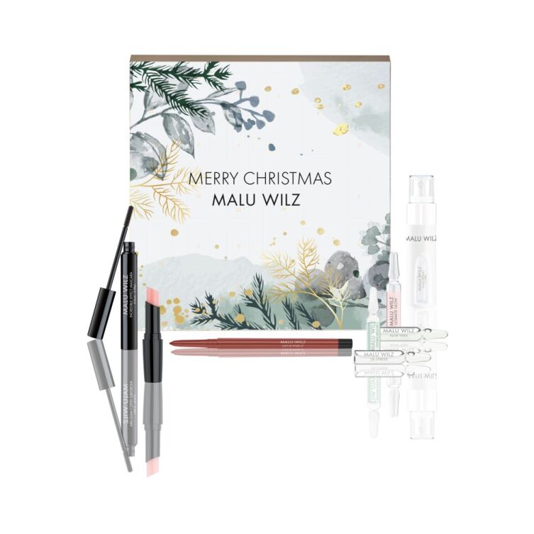 Kalendarz Adwentowy: 20 ampułek, aplikator do ampułek, tusz do rzęs, konturówka do ust, natural glow lip balm